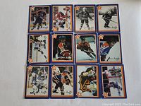 12 Neilson hockey insert cards featuring Wayne Gretzky laid out in two rows, mostly individual action shots with blue and orange borders and star number icons.