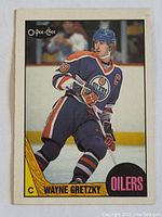 Front photo of 1987 O-Pee-Chee Wayne Gretzky hockey card showing player portrait in Edmonton Oilers uniform.