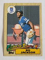 Front view of 1987 Topps Bo Jackson rookie baseball card, card number 170, depicting Bo Jackson in Kansas City Royals uniform with 'Future Stars' text.
