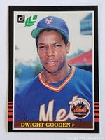 Front side of 1984 Donruss Leaf version Dwight Gooden rookie card showing player portrait and logos.