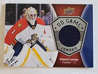 Front of Roberto Luongo NHL game-used jersey trading card showing player image and embedded fabric swatch.