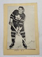 Front photo of the original Beehive Max Bentley card showing player in Toronto Maple Leafs uniform with autograph and date