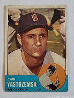 Front of the 1963 Topps Carl Yastrzemski baseball card showing his portrait and inset image of him with a bat.