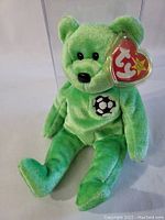 Front view of green Ty Beanie Baby bear with soccer ball emblem and original red heart Ty tag in clear plastic case