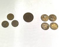 Eight vintage tokens arranged on a white background including the 1870 Masonic penny, student ticket tokens, and lobby tokens.