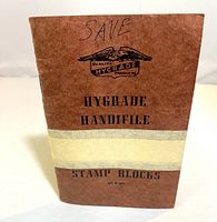 Front cover of brown Hygrade Handifile booklet labeled 'Stamp Blocks' with handwritten 'Save' on top