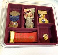 Five vintage convention badges displayed in a red velvet compartmentalized display case showing various designs and one red ribbon.