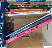 Top view of 10 art books showing titles related to pastel, watercolour, and Norman Rockwell, stacked in a box.