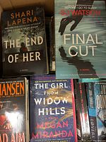 Photo of several hardcover and paperback novels including The End of Her by Shari Lapena, Final Cut by S.J. Watson, The Girl From Widow Hills by Megan Miranda