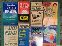 Top-down view of the 10 vintage paperback books related to speed reading arranged in two rows.