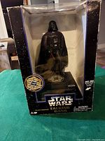 Photo of Darth Vader electronic talking bank in original box with visible wear.