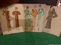 Four signed fashion illustrations showing women in 1930s dresses and suits, two in brown tones, two in blue and green.