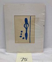 Frontal view of lithograph with beige mat showing stylized blue female figure holding amphora and pomegranates.