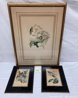 Frontal view of three framed lithographs, including one larger and two smaller ones, arranged together showing birds and floral theme.