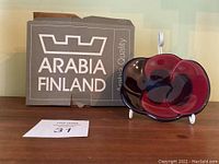 Photo of the Viola pansy dish beside its original Arabia Finland box, showing front and box logo.