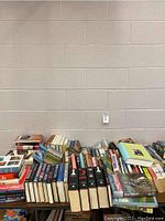 Wide view of multiple rows of books stacked horizontally and vertically on tables against a cinderblock wall, showing a dense mixture of hard and soft cover books.