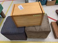 Wood bread box placed on top of two footstools, showing size and condition of all items.