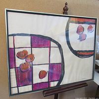 Framed artwork showing abstract ink and wax composition on paper, dimensions approximately 26 x 20 inches, with circular and grid elements in purple, orange and black hues.