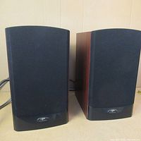 Front view of both speakers with black grille covers and small Reference logo at bottom