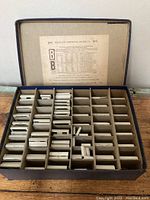 Photo of open box containing compartments with small metal letters inside and a paper guide sheet attached to the lid.