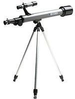 Photo of the assembled Edu Science Astrolon Telescope 525 Power mounted on the adjustable tripod with finderscope attached.