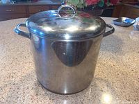 Closed stock pot with lid on a kitchen countertop, showing overall condition and size.