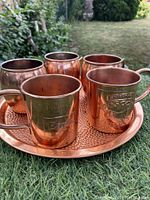 One photo showing all four items: a hammered copper tray and three copper Moscow Mule mugs on grass surface