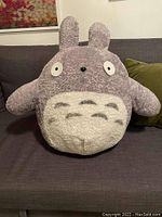 Front view of large Totoro plush pillow on a couch showing full body and facial features.