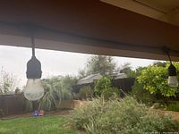 String lights hanging under a wooden patio roof, showing clear glass bulbs attached to black cord.
