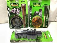 Three new Primos turkey calls in original packaging: Foggy Bottom pot call, Power Crystal friction call, Gobbler Shaker box call