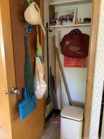 Full view of closet with wooden handle brooms and mops, white step-bottom garbage can with lid, red storage bag, and hanging cleaning items on door.