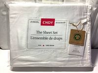 Packaged ENDY brand organic cotton king size bed sheet set, 300 thread count, alpine white color with labeling showing brand and material.