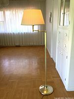 Full view of the brass floor lamp with pleated shade against a room backdrop showing lamp height and shape.