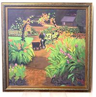 Framed oil on canvas painting showing a garden pathway with dogs and an arch with flowers.