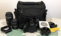 Main lot layout showing camera body, lenses, accessories and bag