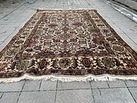 Full view of the vintage Persian rug laid out flat on paved surface showing full design, colors, and fringe edges.