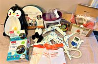 Overview of entire lot showing various baby items including bottle warmer, clothes hangers, toys, nursing pads, and monitoring equipment.