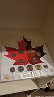 Full set displayed in maple leaf-shaped packaging showing all 14 coins, some colorized, arranged on a red maple leaf backdrop.