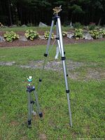 Pair of Melnor 9610 telescoping aluminum frame sprinklers placed outdoors on grass near garden with plants and rocks in background.