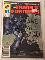 Front cover of The Transformers comic book showing robot character, title, and price sticker.