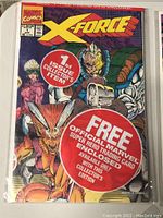 Front cover of Marvel Comics X-Force issue #1 comic book showing characters and collector's item label