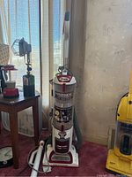 Front view of Shark Rotator XL Professional vacuum cleaner standing upright showing central clear dust canister and hose attachment.