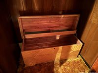 Opened view of cedar chest showing interior cedar lining and divided top tray with green felt