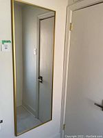 Full view of the mirror hanging on a wall next to a door, showing its proportions and gold frame.