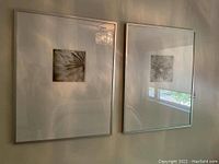 Pair of framed prints hung on wall seen from slight angle showing both items
