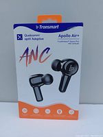 Front box packaging of the Tronsmart Apollo Air+ ANC true wireless stereo plus earbuds showing key features: Qualcomm aptX Adaptive, ANC, 20 hours playtime.