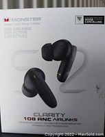 Front view of box showing black wireless earbuds and product name Clarity 108 ANC with noise cancelling feature.