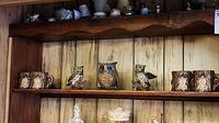 Wide photo showing a wooden shelf with four owl mugs and three owl figurines arranged side by side.