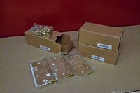 Set of 3 satin brass 4-inch adjustable spring door hinges individually packaged in plastic with mounting screws on a table against a red wall.