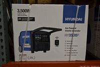 Front/side of sealed box showing Hyundai branding, model HY3500P, power ratings (3500W peak, 3000W running) and packaging condition